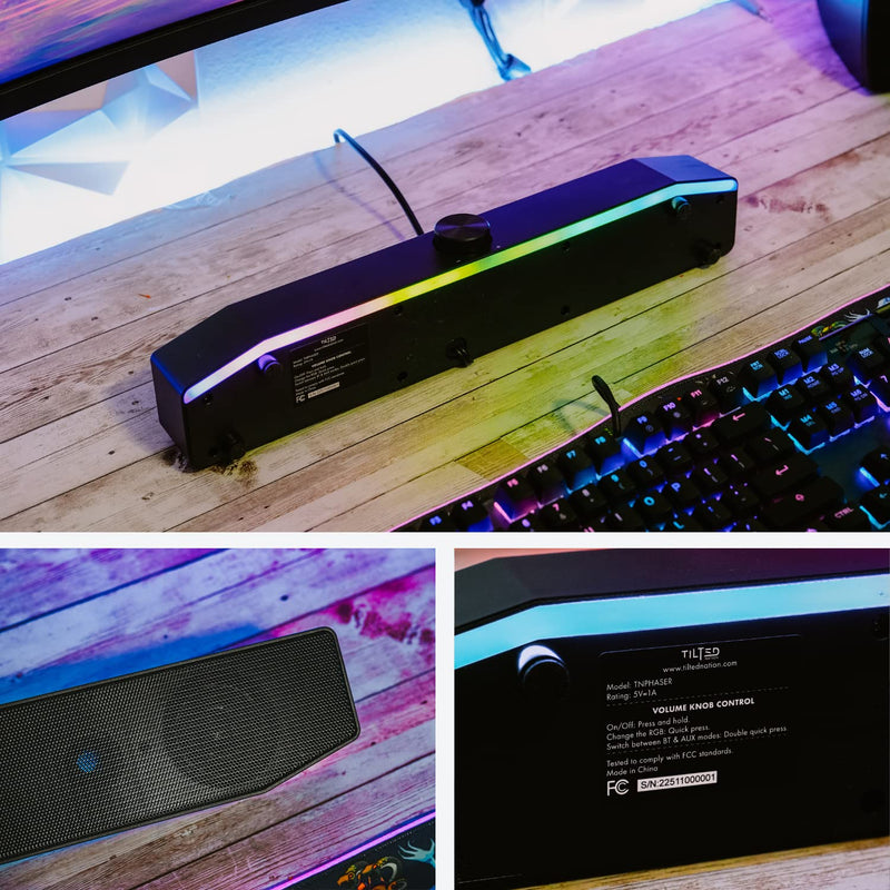 Tilted Nation Gaming Soundbar - Monitor Sound Bar for PC - RGB Computer Speakers for Desktop PC (Wireless or USB Wired) Crisp Audio and Adjustable LED Black