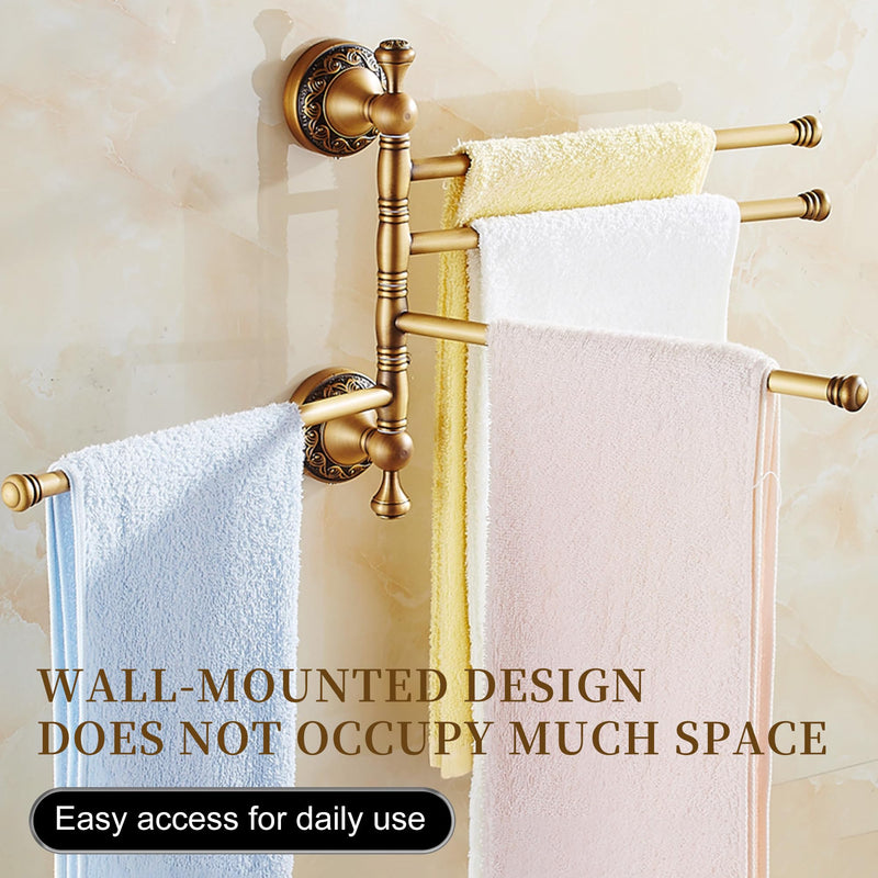 Wall Mounted Bathroom Folding Towel Rack, 4 Towel Bars Antique Brass Pattern Carving,Brushed Bronze Folding 4 Towel Rack