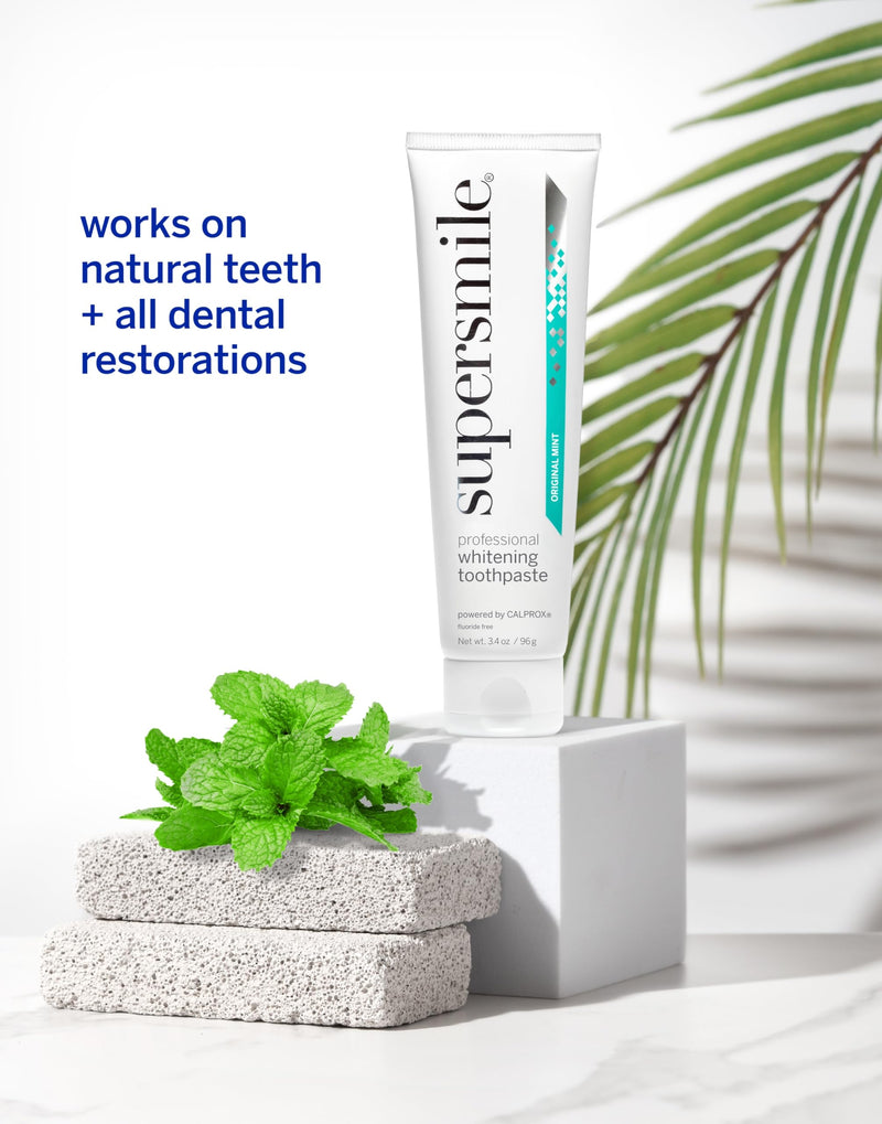 Supersmile Original Mint Fluoride-Free Whitening Toothpaste, 3.4 oz, TSA Approved Travel Size Toothpaste with Calprox®, Whitens 5.5 Shades in 7 Days, RDA 65 Low Abrasion, Enamel Safe for Veneers 3.4 Ounce (Pack of 1)