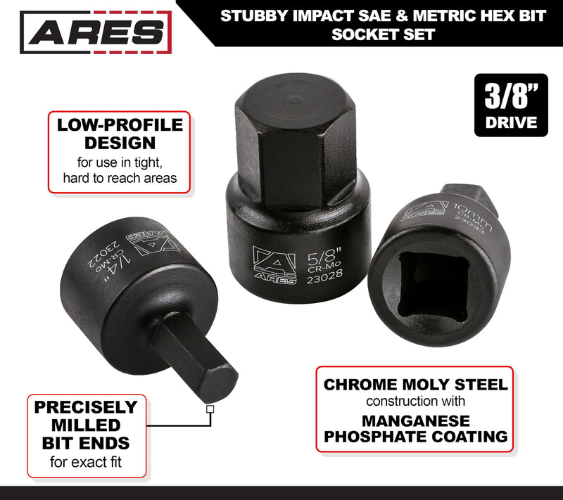 ARES 23021-16-Piece Stubby Impact SAE and Metric Hex Bit Socket Set - Chrome Moly Steel Construction and Manganese Phosphate Coating - Includes Storage Case - Designed for Impact Use Stubby SAE and Metric Impact Hex Driver Set