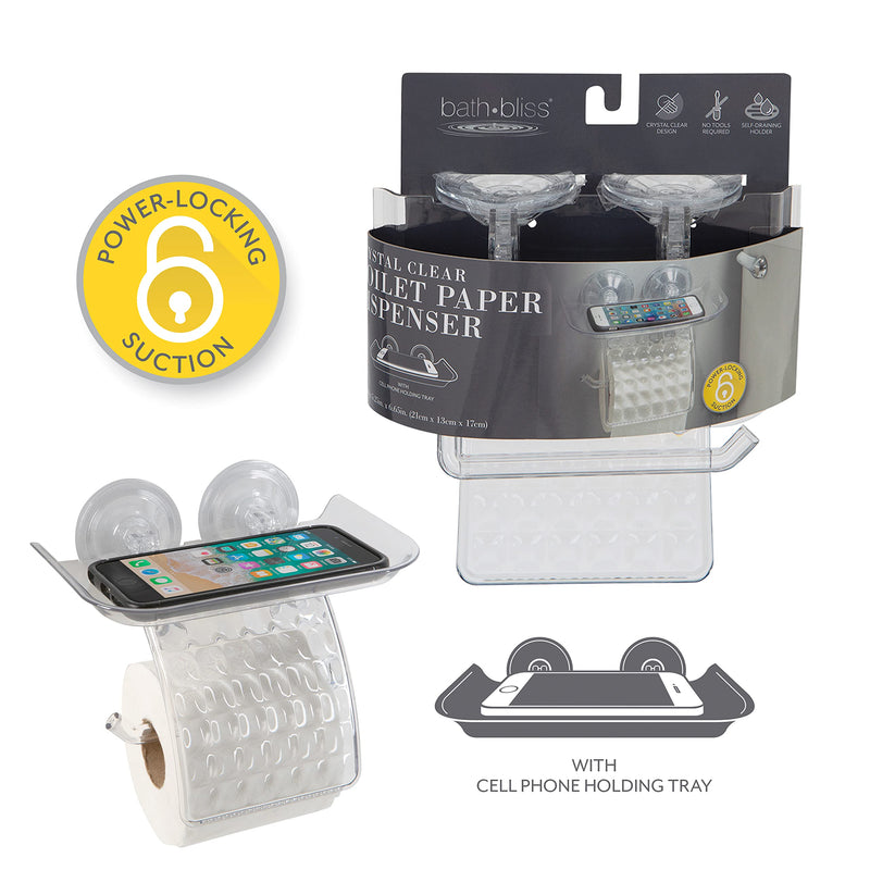 Bath Bliss Suction Cup Toilet Paper Dispenser | Power Lock Suction Mount | Phone and Wipes Holder Tray | Not Tools Required |Smooth Surfaces Only | Tile | Glass | Metal | Plastic | Bathroom | Clear Toilet Paper Dispenser (Pack of 2)
