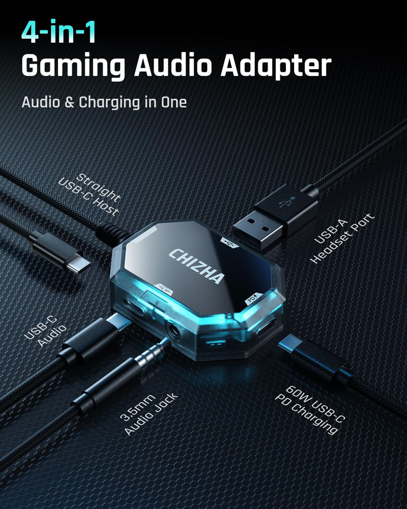 Chizha Gaming Audio Hub for USB-C Devices, Low-Latency Wired Gaming DAC Adapter with 3.5mm Headphone Jack, PD Fast Charging & RGB Lighting, Compatible with iPhone16/15, Android Phones, Steam Deck Straight