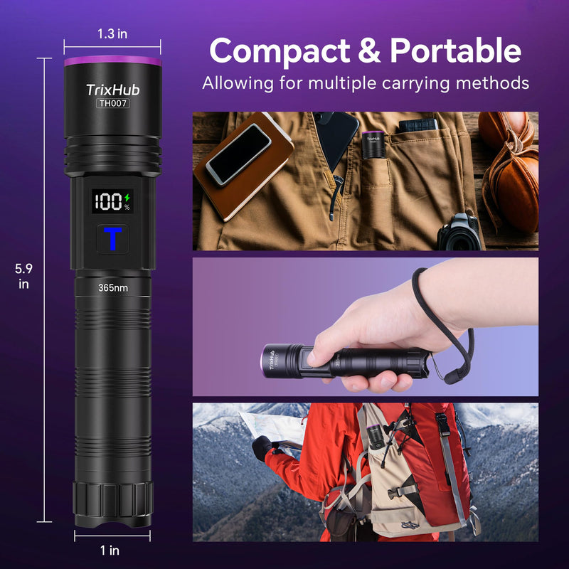 365nm Black Light Flashlight, UV Flashlight Rechargeable with LCD Display, Powerful Ultraviolet Lights for Pet Urine Detection, Resin Curing, Rockhounding, Scorpion, Uranium Glass, A/CLeak