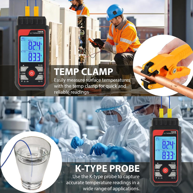 Digital K Type Thermocouple Thermometer (-328~2500℉), Dual Channels Thermometer with 2 HVAC Temperature Clamps & 2 Wired Thermocouple Probes, LED Backlight & ADJ Compensation Temperature Meter Tester