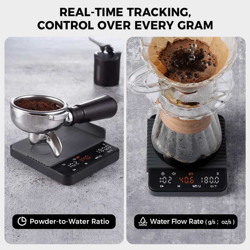 Mini Espresso Coffee Scale with Timer & Flow Rate, 2kg/0.1g Precision Digital Coffee Scale, Portable Espresso Scale Rechargeable via USB-C, Triple Brew Modes, LED Display, Mute Mode, g/oz/lb:oz