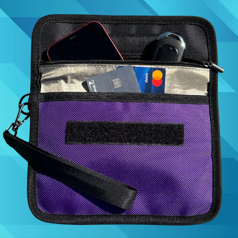 Large Signal Blocking Faraday Bags for Phones, Key Fob Signal Blocker, RFID Key Fob protector, Two-Tone Color Faraday Pouch for key fob w/Removable Handle, Zipper closure on back pocket Purple