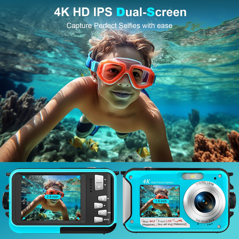 4K 64MP Underwater Camera 16FT Compact Digital Waterproof Camera Floatable | Dual-Screen Selfie, 1250mAh Battery,16X Digital Zoom,Autofocus,Fill Light, With 32GB Card, Snorkeling & Underwater Trips Blue