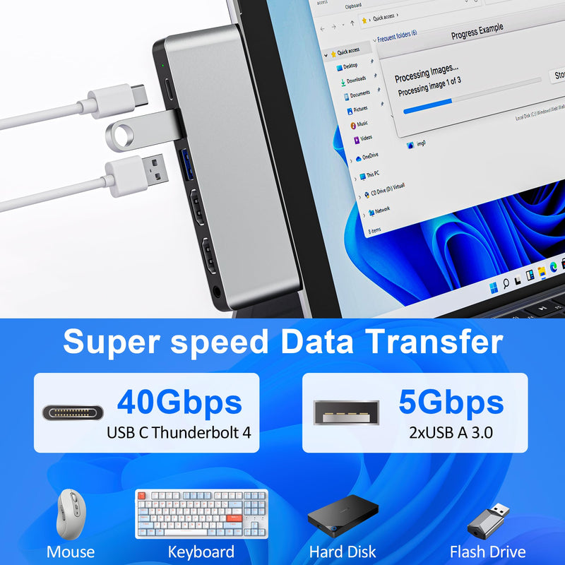 Surface Pro 9/10/11/X Docking Station with Dual 4K HDMI, Thunderbolt 4 (100W PD, 40Gbps Data, 8K Display), USB-C Hub for Surface Pro 11/10/9/X, Quad Display Adapter with 2 USB3.0, SD/TF, 3.5mm Audio Sliver