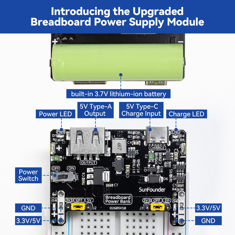 SunFounder BreadVolt Breadboard Power Supply Module Built-in Rechargeble Battery Compatible with Arduino, Raspberry Pi, Pico W, ESP32, 5V/1.5A, 3.3V/1A, USB Output (Breadboard NOT Included)