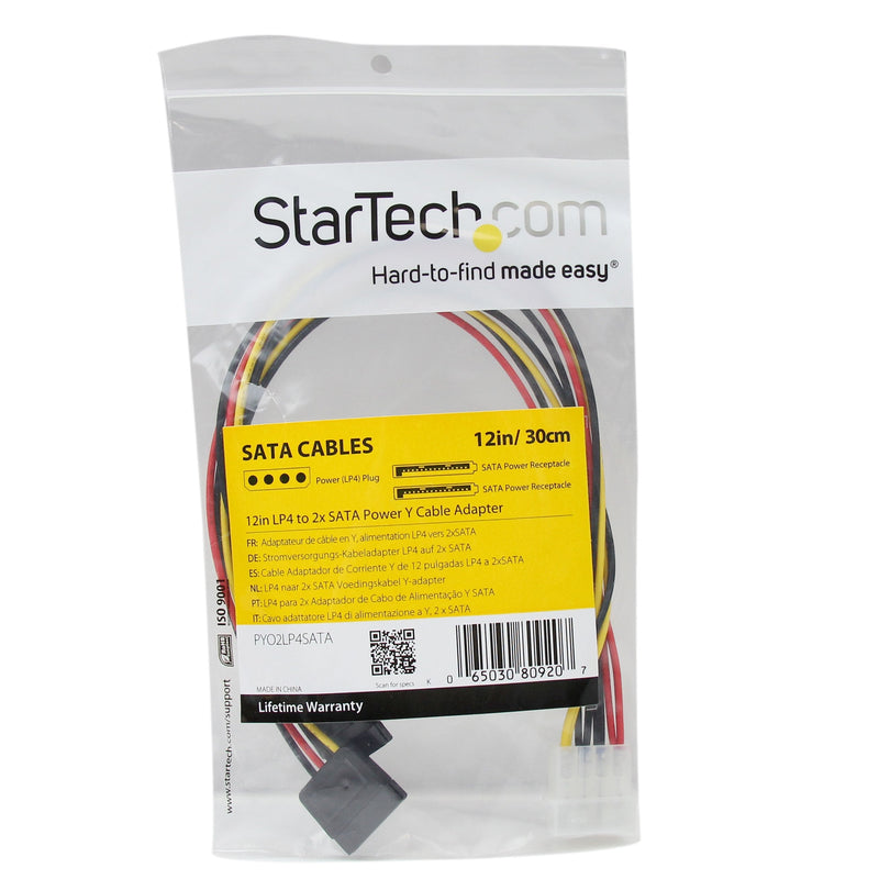StarTech.com 12in LP4 to 2x SATA Power Y Cable Adapter - Molex to to Dual SATA Power Adapter Splitter (PYO2LP4SATA) 1 Count (Pack of 1)