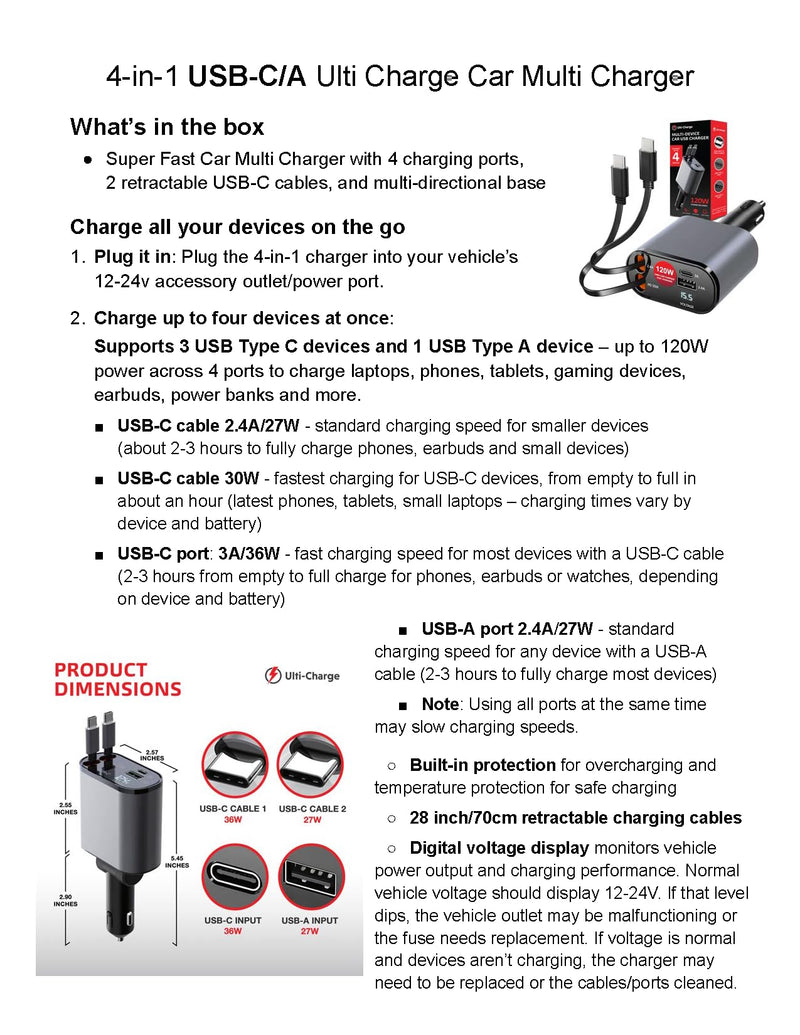 Ulti Charge Car Phone Charger 120W Fast Charging Retractable Cigarette Lighter USB C Charger, 4‑Port USB‑C & USB‑A Dual USBC Charging Block for iPhone, Galaxy, Tablets, Laptops Retractable USBC x2