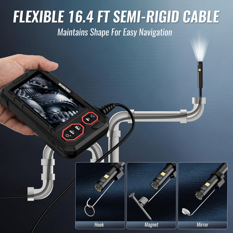 WORKPRO 4.3-Inch Rechargeable Industrial Endoscope Camera, IP67 Waterproof 1920P HD Dual Lens Borescope with 9 Adjustable LEDs, Inspection Camera with 16.4 ft Semi Rigid Cable