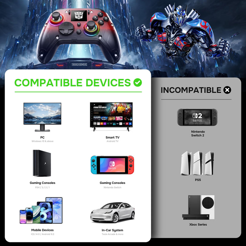 Transformers Officially Licensed Wireless Gaming Controller with Interactive Screen, 1000Hz Polling Rate, Hall Joysticks & Triggers, 4 Programmable Buttons, Compatible with PC, Switch 1, PS4, iOS, Android, Red
