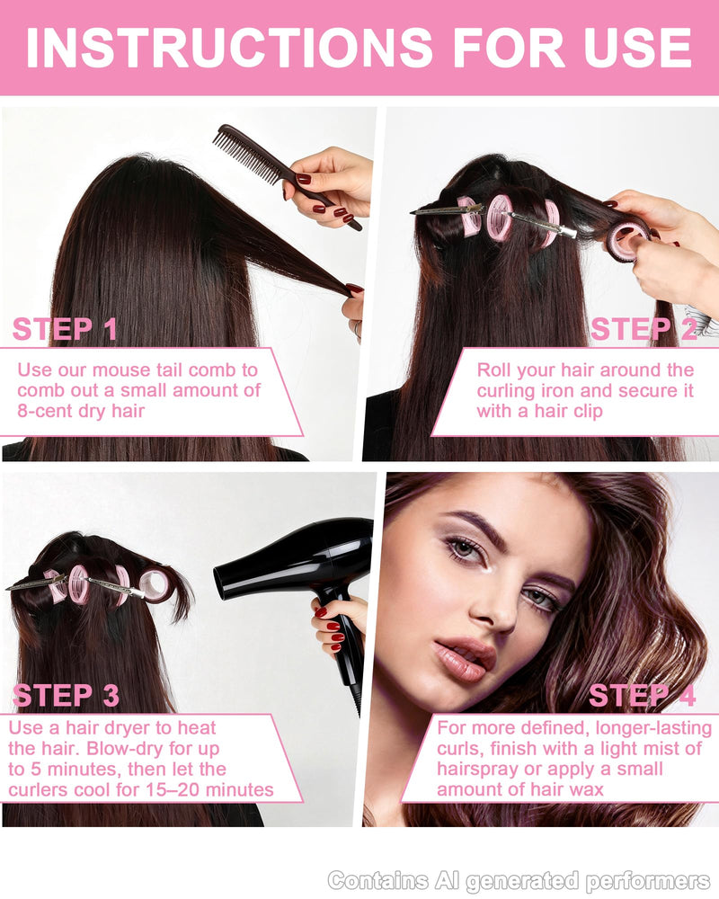 50PCS Hair Rollers Set with 24 Clips, 4 Sizes Hair Curlers - Pink | 60/48/36/25mm, Fine Hair Lift, DIY Styling, Hair Volume, Long, Medium, Short