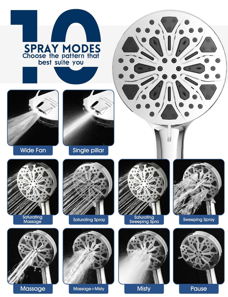 Filtered Shower Head with Handheld and Hose, 10 Spray Modes High Pressure Showerhead for Hard Water, Water Saving Removable Filter with Beads, Chrome Finish, WaterSense & CUPC Certified
