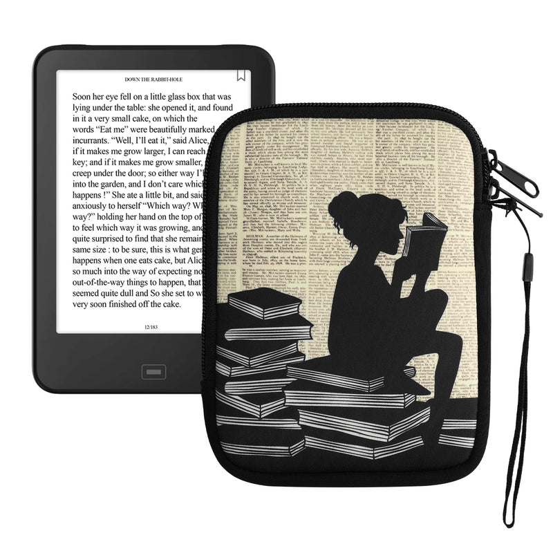 kwmobile Neoprene e-Reader Pouch Size 6" eReader - Universal eBook Sleeve Case with Zipper, Wrist Strap - Black/Beige Girl and Books black / beige