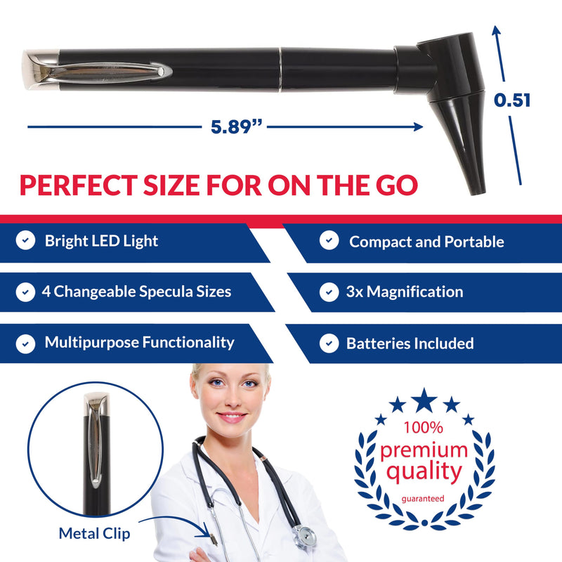 Dixie Ems Basic Medical Pocket Size Otoscope with LED Light, Clip and 4 Specula Sizes for Students, EMTs, Nurses, Doctors, and Vets
