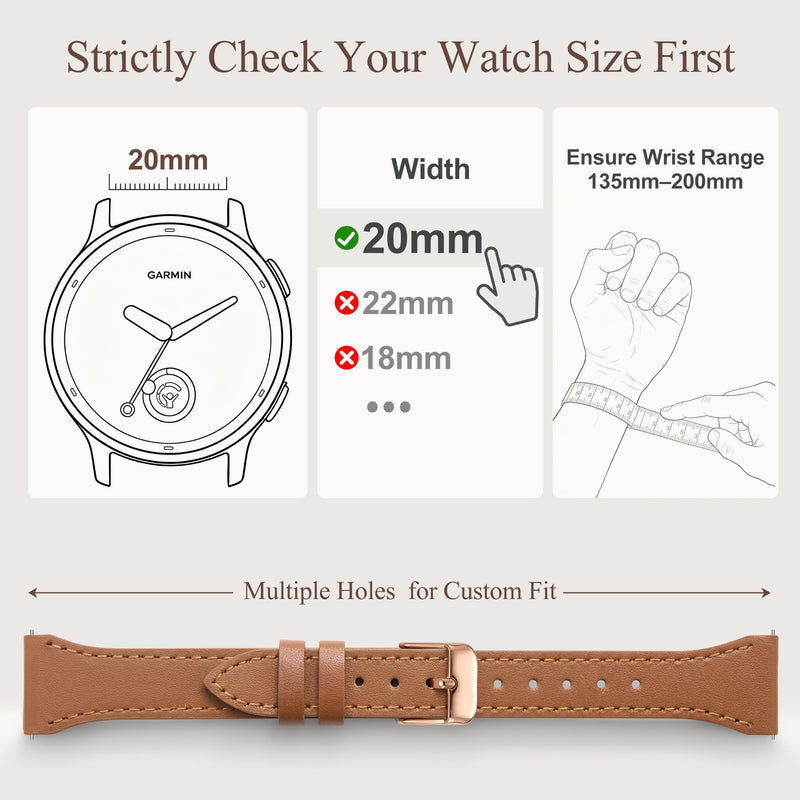 20mm Leather Watch Band Compatible with Garmin Vivoactive 5 Watch Bands, Vivoactive 6/3/Forerunner 165/55/245/645, Quick Release Genuine Slim Leather Strap for Venu Sq/Sq 2/Venu 2 Plus Women Brown 20mm