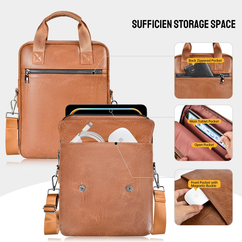 12.9-13 Inch Leather Tablet Sleeve Bag for MacBook Neo Air 13/iPad Pro Air | for 2026 2025 iPad Air 13 inch M4 M3 & iPad Pro M4 M5 & iPad Pro 12.9 Tablet Laptop Travel Shoulder Strap Carrying Case Brown