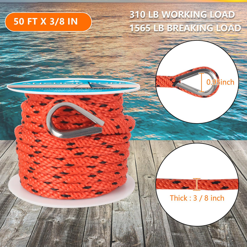 Anchor Rope 50 ft x 3/8 inch, Premium Solid Braid MFP Anchor Line, Boat Anchor Rope with 316 Stainless Steel Thimble & Shackle, Orange and Black Orange&Black 3/8inch x 50ft