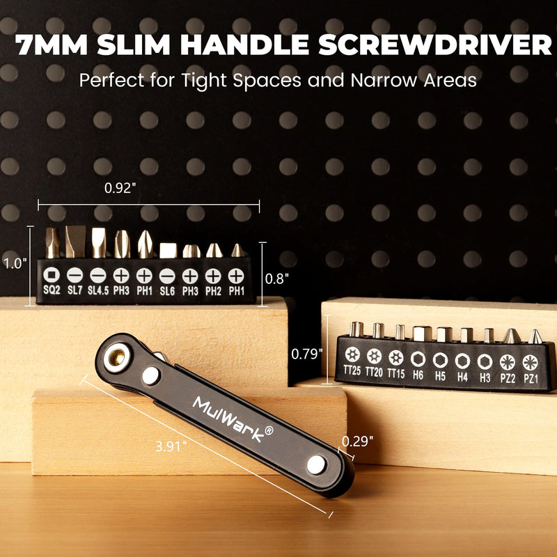 MULWARK 20-Piece Right Angle Screwdriver Set, 1/4" Mini Ratchet with High Torque - 90-Degree Offset Screwdriver for Tight Spaces, Auto Repair, Electronics, DIY Home Improvement EDC Tool Kit 20-piece screwdriver set