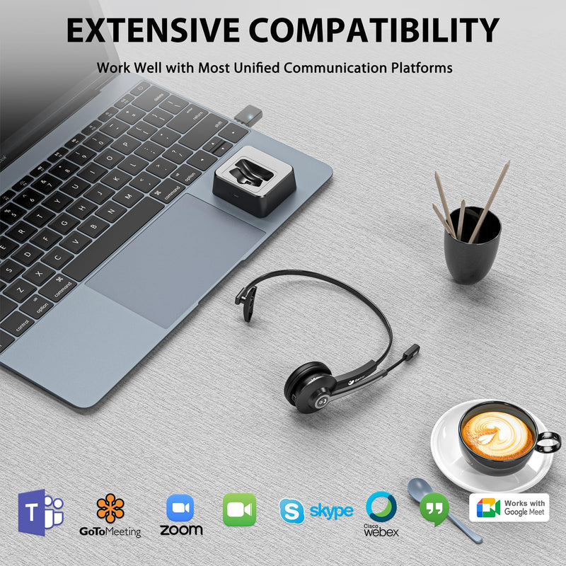 Earbay Trucker Bluetooth Headset, Wireless Headset with Mic for Work Noise Canceling & USB Dongle, Bluetooth Headphones with Microphone Mute & Charing Dock for Trucker/Meeting/Remote Work/PC/Office Black&Silver