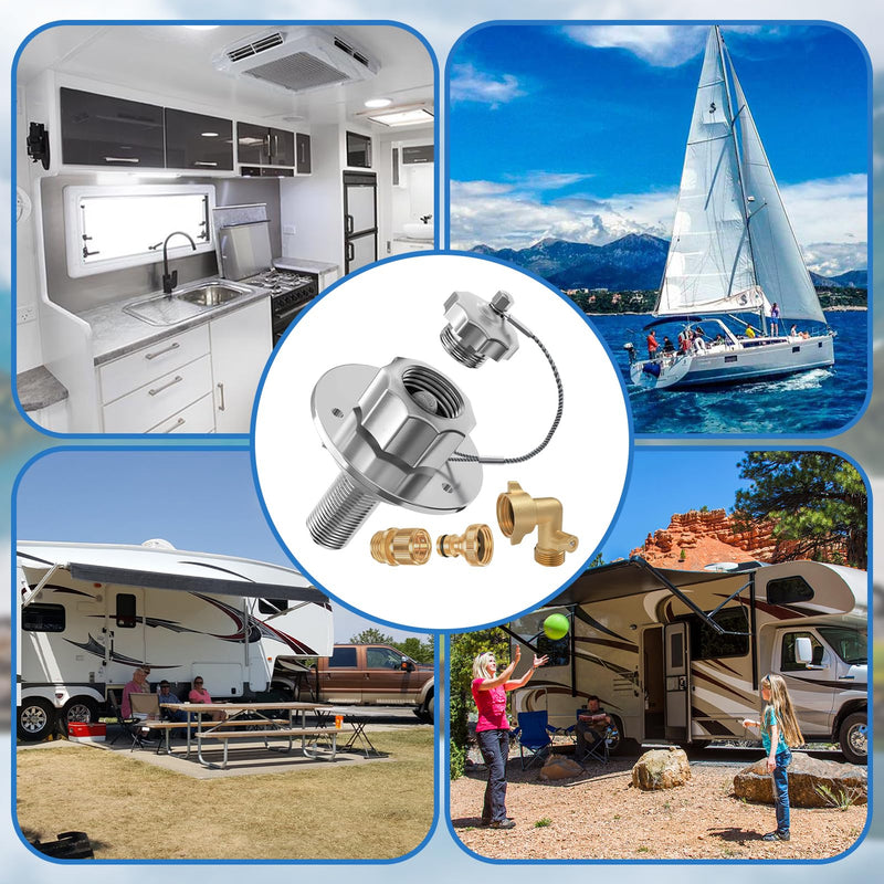 All Metal RV City Water Inlet with Check Valve, RV Water Inlet Replacement, Adjustable 90° Brass Hose Elbow, 3/4" GHT Quick Hose Connector, for RV Camper Motorhome Trailer Marine Water Inlet with 90° Elbow and Quick Connector