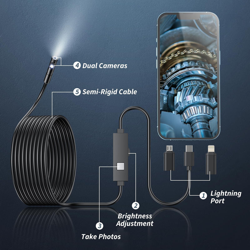 Endoscope Camera with Light,1920P HD Borescope Tools with 8 Adjustable LED Lights, Endoscope with Semi-Rigid Snake Camera, IP67 Waterproof Inspection Borescope for iOS and Android-16.4ft Dual-Lens 16.4ft