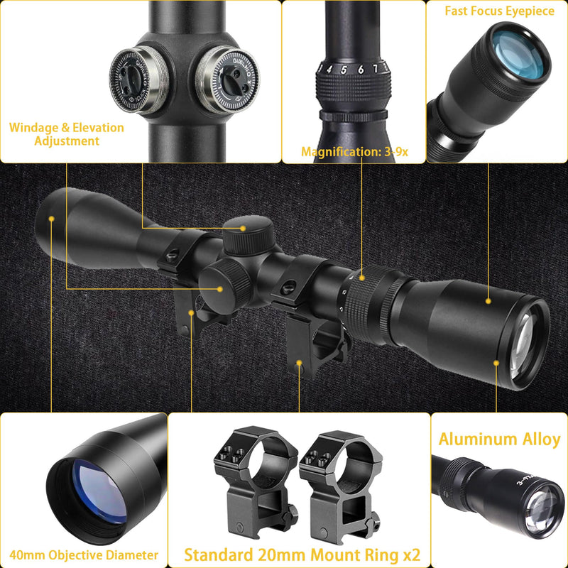 3-9×40 Rifle Scope for Hunting, Rangefinder Reticle Optics Scope with Free 20mm Mounts, black