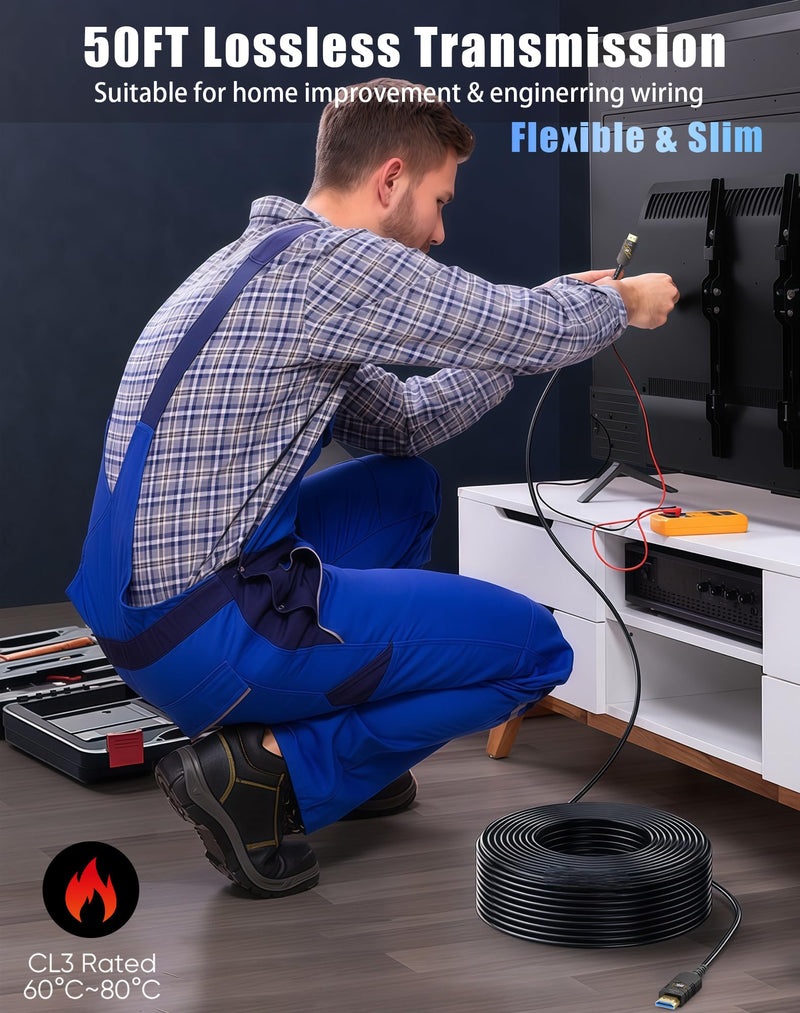 8K Fiber Optic HDMI 2.1 Cable 50FT, 48Gbps Ultra High Speed | Supports 8K@60Hz, 4K@120Hz. HDR10+, HDCP 2.3, SBTM, QMS, CEC. Works with TV, Monitor, Laptop, Projector, PS5. Black 1