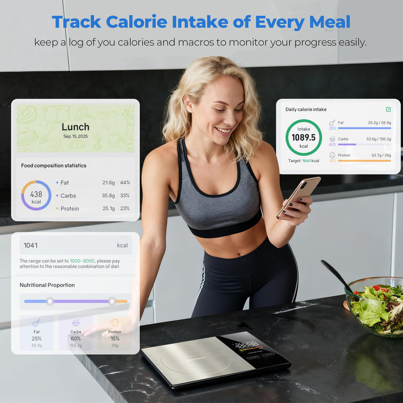 Smart Nutrition Food Scale - Digital Kitchen Scale with Nutritional Calculator App,Tare Function,Track Calories &19 Nutrients,11lb/5kg, Grams/Ounces,Stainless Steel for Weight Loss&Diet