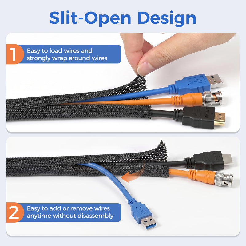 Delamu 10ft - 1/2 inch Cable Sleeve Cord Protector from Pets No Chew, Split-Braided PVC Wire Loom Tubing for Desk Computer USB TV Cord Organizer, Easy Set-up Cable Management Sleeve Kit, Black 1/2"-10ft