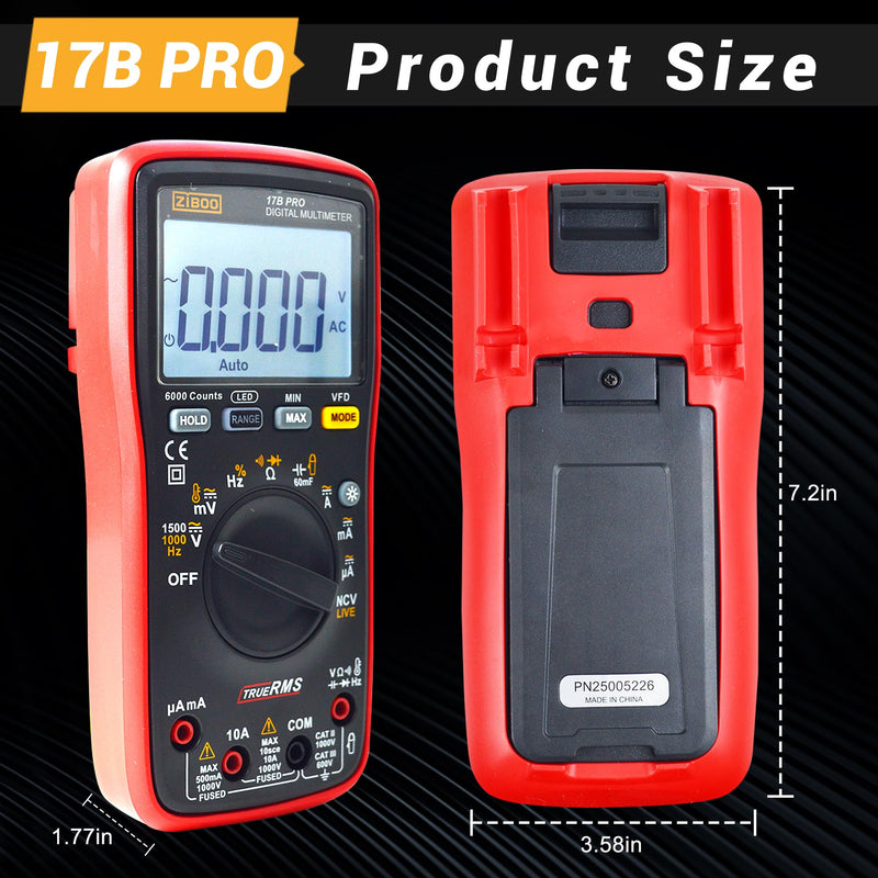 ZIBOO 17B PRO True RMS Digital Multimeter Measures AC/DC Voltage and Current Measurements up to 1000V and 10A (Optional AC Pliers)