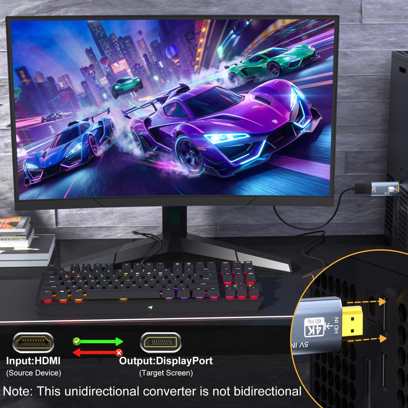 Active HDMI to DisplayPort Adapter 4K 60Hz HD to DP Converter | Unidirectional HDMI Source to DP Output, HDMI 2.0, DP 1.2, for PS5 Xbox PC Laptop to 4K Gaming Monitor Screen, Plug & Play