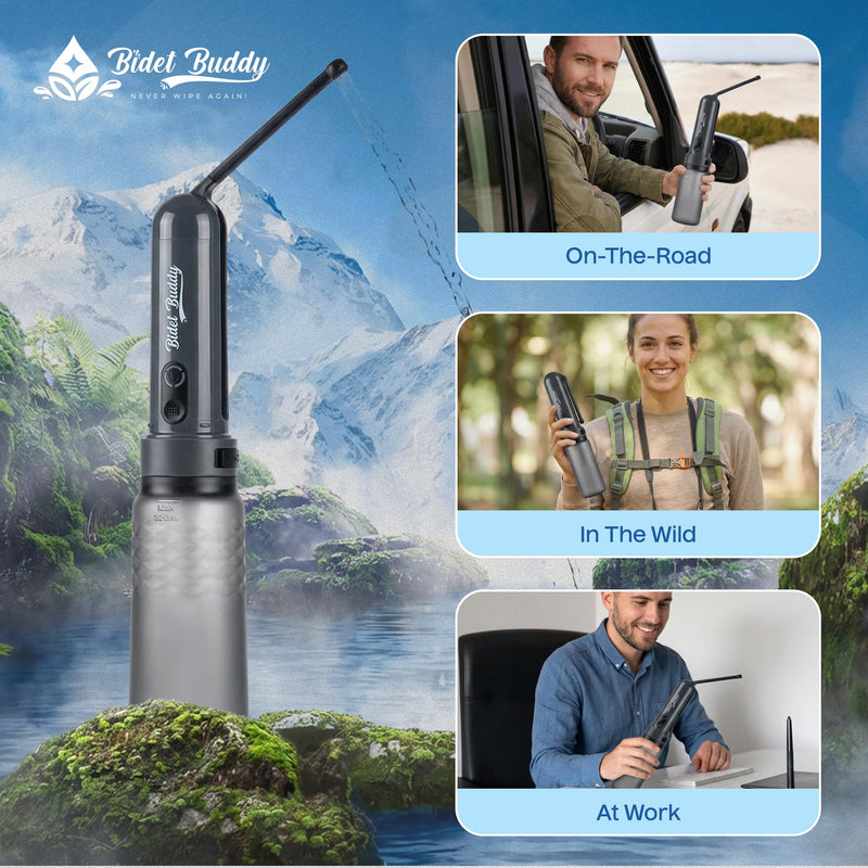 BIDET BUDDY® GoFlow Portable Bidet for Travel - 320ml Bottle with Adjustable Power Modes, Nozzle Wand, IPX7 Waterproof, USB C Charging, 800mAh Rechargeable Battery, Medium Pressure
