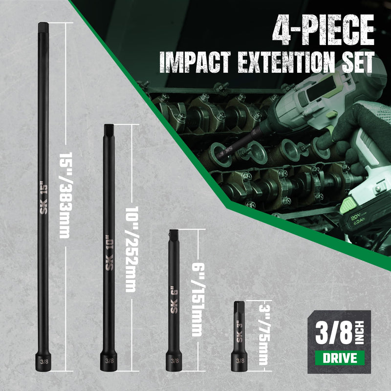 SK 4-Piece Impact Socket Extension Set, 3/8" Drive, 3", 6", 10", 15" Extension Set, Premium Cr-Mo Steel with Black Manganese Phosphate Coating 3/8-Inch Drive