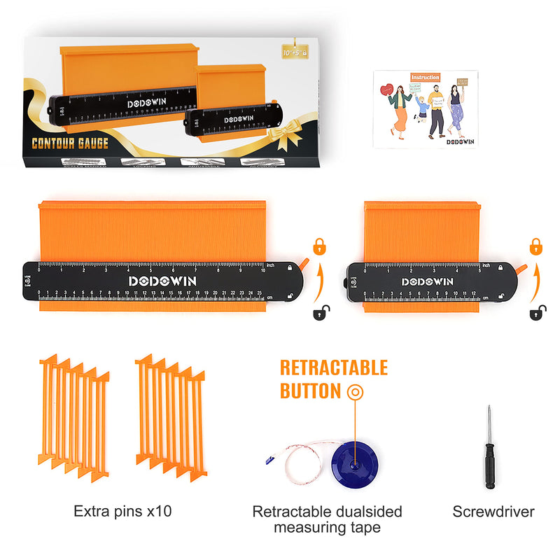 DODOWIN 10+5 Inch Contour Gauge with Lock, Dual Size Profile Duplicator Tool for Flooring, Tile, Woodworking & Irregular Shapes, Shape Outline Gauge, Father’s Day Gifts for Dad Men Husband Orange-10+5 In.