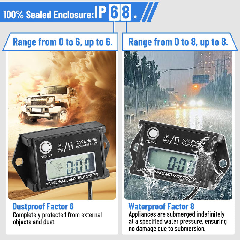 CarBole Digital Hour Meter Tachometer, Small Engine Hour tachomete, RPM Gauge Meter for Lawn Mower Skis Dirt Bike Boat Marine Snowmobile Generator and Gas Engine