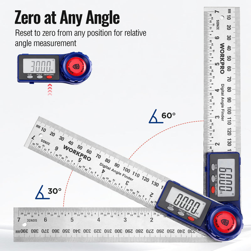 WORKPRO Digital Angle Finder, 7-Inch / 200 mm Stainless Steel Angle Finder Tool with Lock & Hold Function, Precision Measuring Tool with Bag for Woodworking, Carpentry, Construction Projects