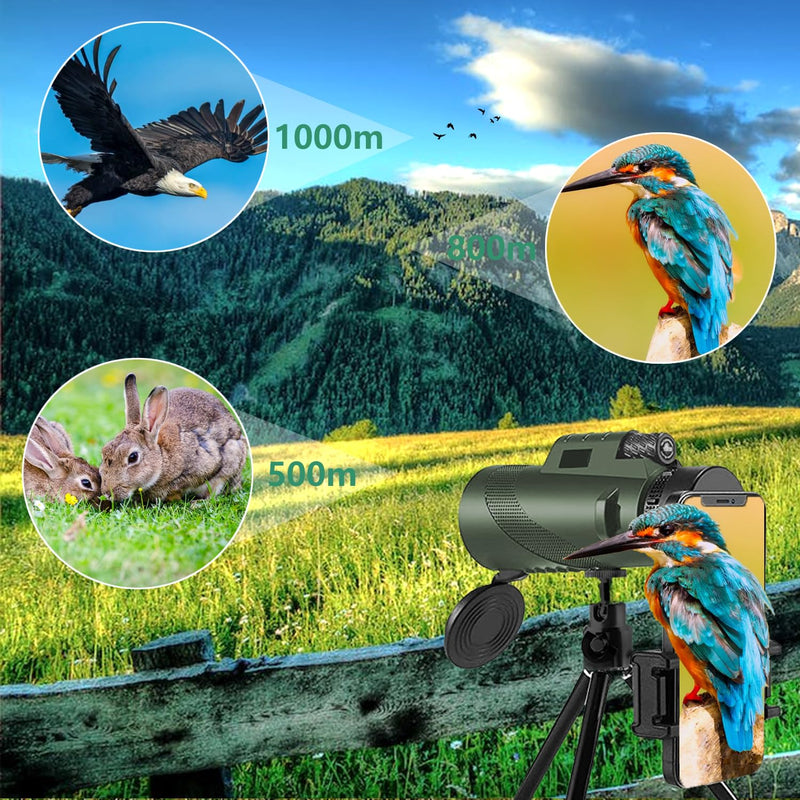 80x100 HD Monocular Telescope for Adults with Smartphone - High Power Monocular with Adapter Lightweight BAK-4 Prism Monoculars for Bird Watching Stargazing Hunting Camping Hiking Travel Green-mm