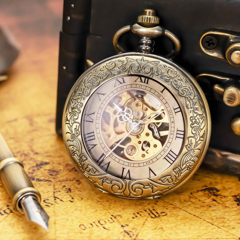 Mechanical Pocket Watch, for Men Women Special Magnifier Half Hunter Engraved Case Roman Numerals with Chain Aa. Bronze Black