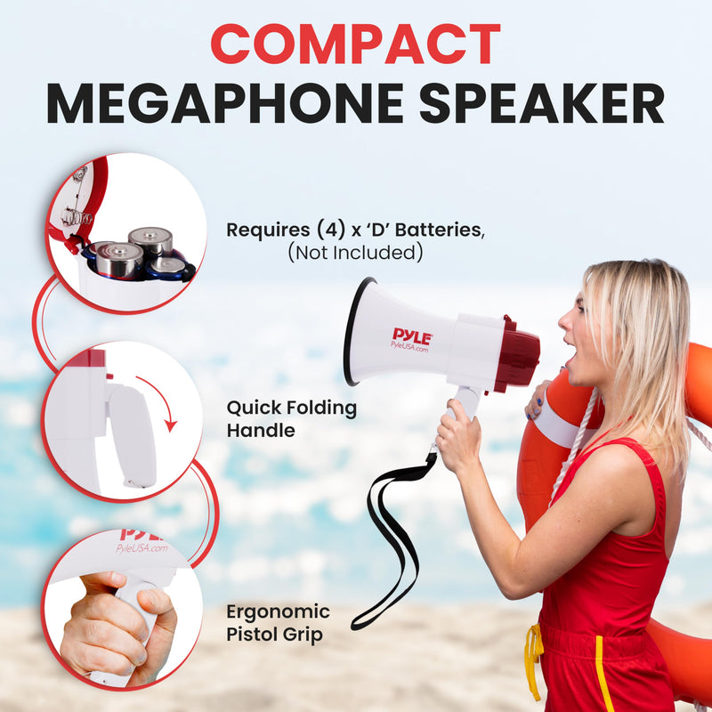 Pyle 30W Megaphone Bullhorn with 1200-Yard Range, Built-in Siren, Voice & Alarm Modes, Adjustable Volume Control, Ergonomic Pistol Grip, Foldable Handle - Ideal for Indoor/Outdoor Sports & Events White