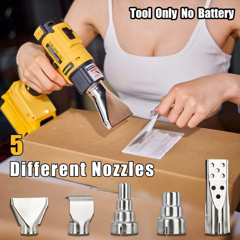 Cordless Heat Gun for DeWALT 20v Battery,Lithium Hot Air Gun, 5 Nozzle Attachments,2-Temp Setting Max 1022°F(550°C),Heat Gun for Shrink Wrapping, Tube Bending (Tool Only, NO Battery) Ordinary