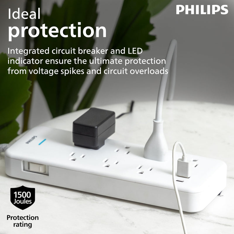 Philips 7-Outlet Surge Protector with USB Charging, 6ft Braided Extension Cord, 1USB-A, 1USB-C, 1500J, Adapter Spaced, Outlet Extender Power Strip, White - SPP3983W/37 7 Outlet | USB | 6 Ft | White