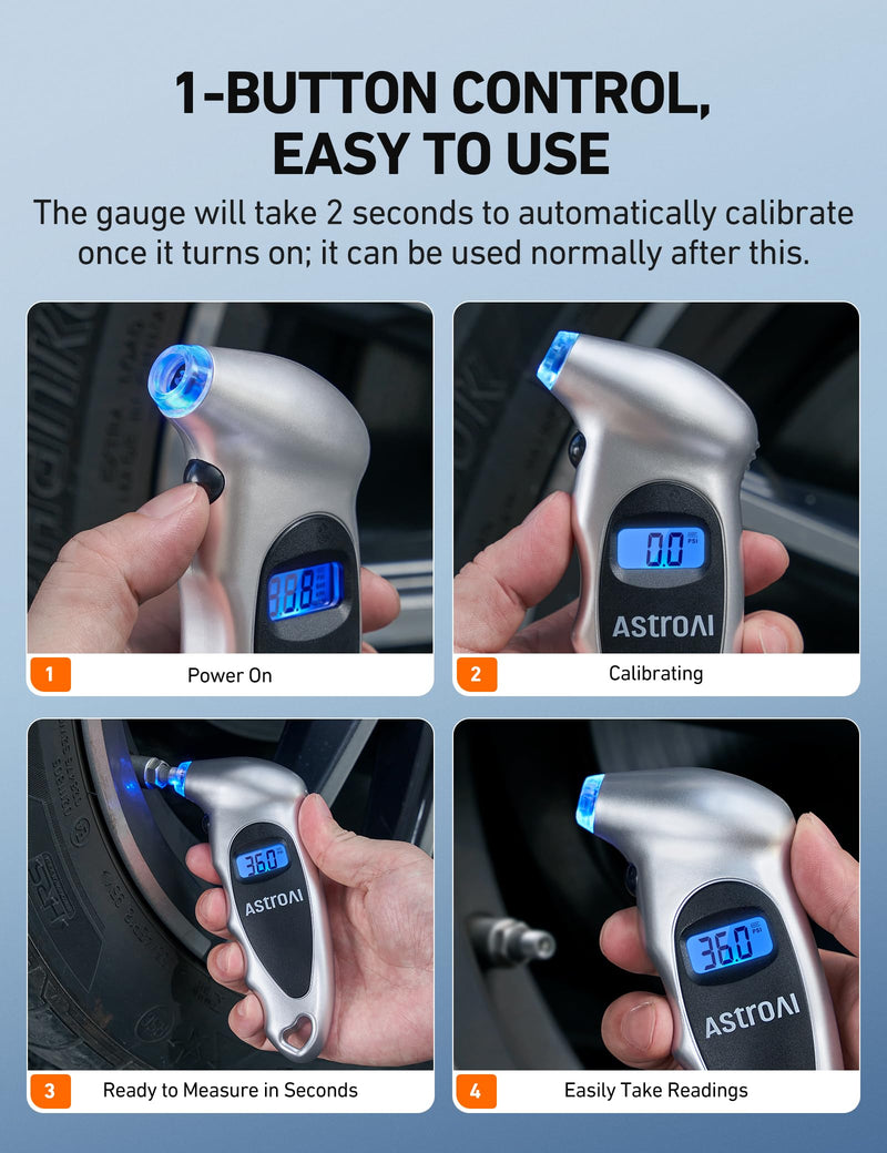  [AUSTRALIA] - AstroAI Digital Tire Pressure Gauge 0-150PSI Calibrated to ANSI B40.7 +/-1PSI, 4 Units for Car Truck Bicycle with Backlight LCD and Presta Valve Adaptor, Sliver, 4Pack Silver
