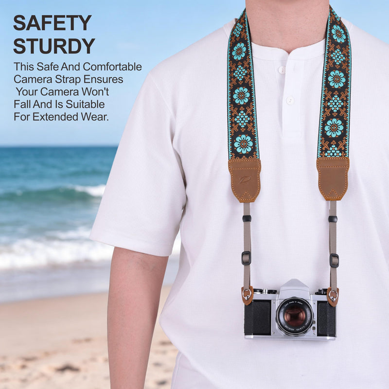 Padwa Lifestyle Camera Strap - 2" Crazy Horse Cowhide Ends Adjustable Camera Straps for Photographers, Soft Fabric Embroidered Cotton Strap Quick Release fits All Cameras(Blue Flower) B# - Blue Flower Embroidery 2 inch Wide / Adjustable 34~57 inch
