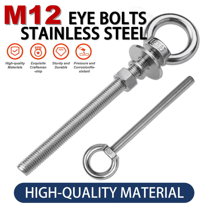 4 Pack M12 Stainless Steel Eye Bolts with Nuts, 1/2" x 6" Long Lifting Ring Eye Bolt， Eye Bolts Heavy Duty for Hang Tie Down Outdoor (4, M12x153mm (1/2"x6")) M12x153mm (1/2"x6") 4
