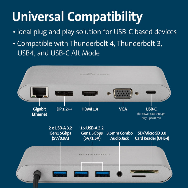 Kensington UH1440P 10-in-1 Dual Monitor USB-C Hub, Laptop Docking Stations with DisplayPort/HDMI/VGA Ports, SD & Micro SD Card Readers, 85W Charging for Thunderbolt 3/4 and USB-C Devices (K33853WW)