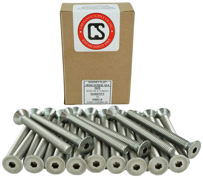 Stainless 5/16-18 x 3" (5/8" to 3" Available) Socket Flat Head Screws, Full Thread, Hex Drive, Stainless Steel 18-8, Coarse Thread (5/16-18 x 3") 5/16-18 x 3"