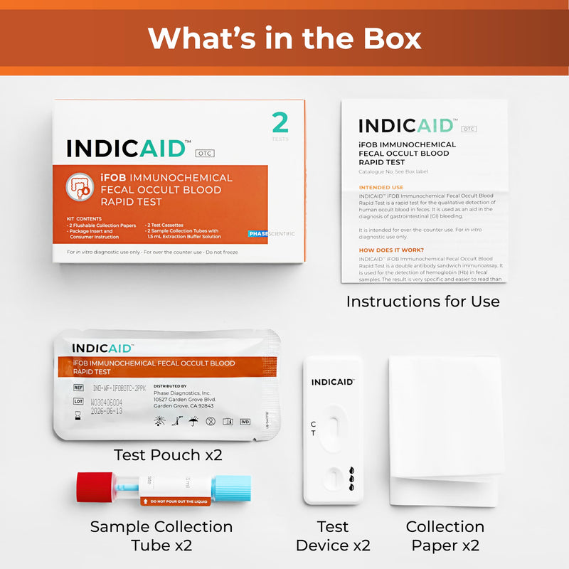 INDICAID Immunochemical Fecal Occult Blood Screening (iFOB), FIT Colon Health screening at Home, 2 Pack, Test for Ulcers, Polyps, Colitis, Accurate and Easy at Home, Sample Collecting Paper Inside.